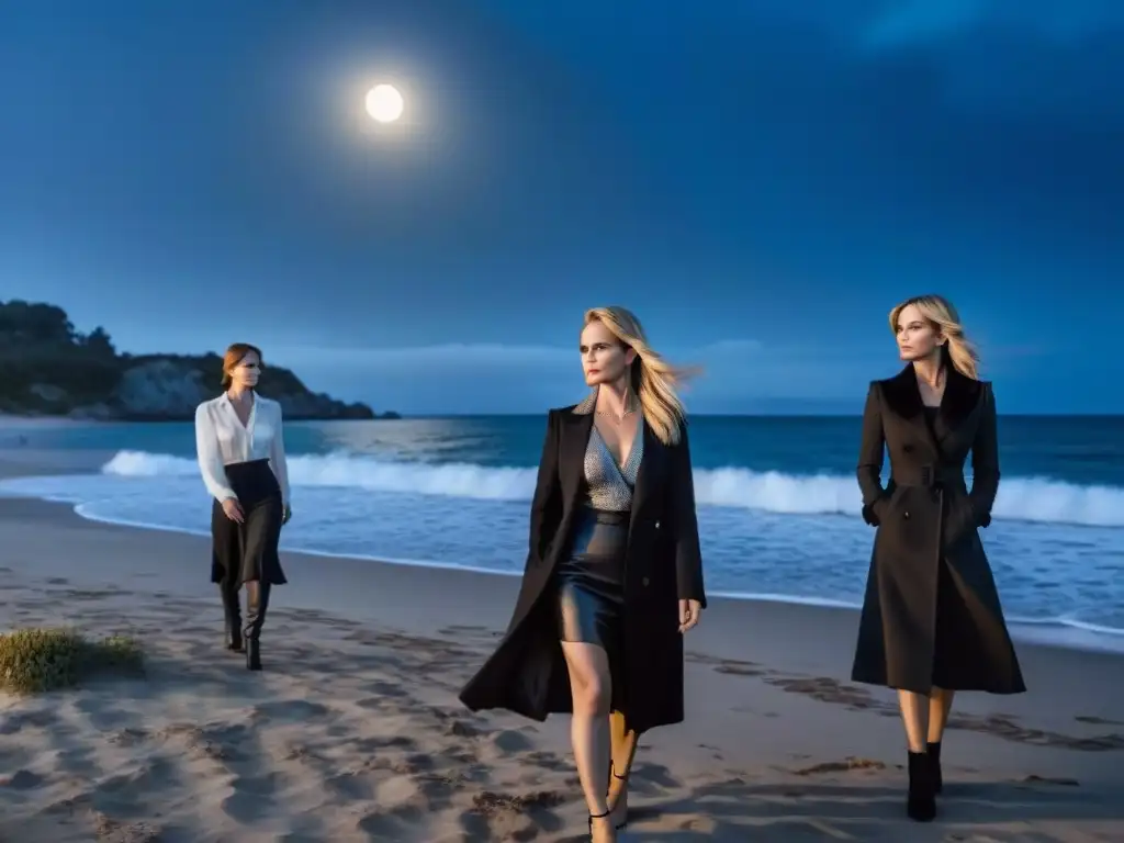 Detectives en cine y televisión: Personajes de 'Big Little Lies' en la playa de noche, con luna y atmósfera misteriosa