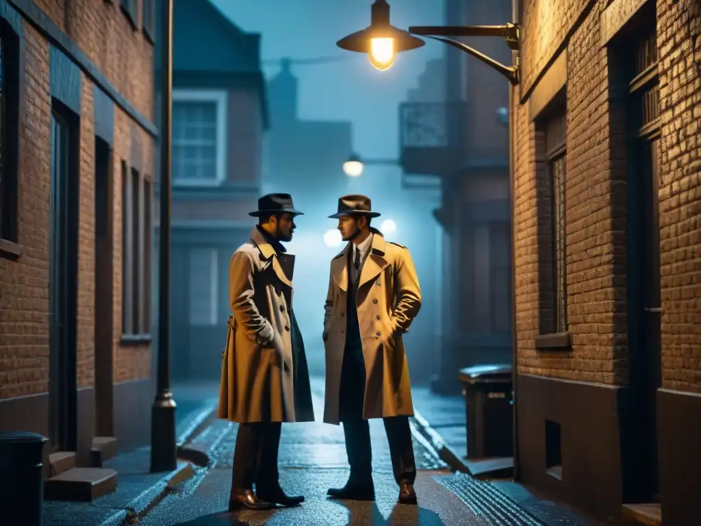 Detectives en la lluvia: misterio bajo el farol Dos detectives de cine y televisión en silueta bajo una farola en un callejón oscuro y lluvioso, uno con lupa y el otro con revólver