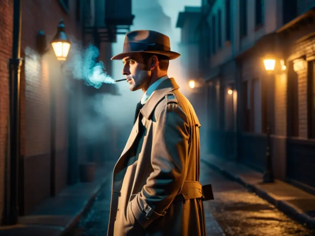 Ambientación en ficción detectives: Detective en callejón oscuro encendiendo un cigarrillo