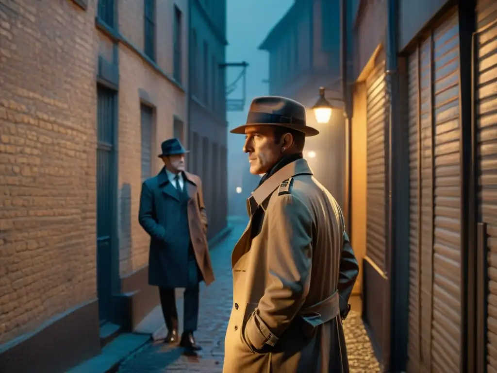 Dos detectives enfrentados en un callejón nocturno, iluminados por la luz tenue de una farola