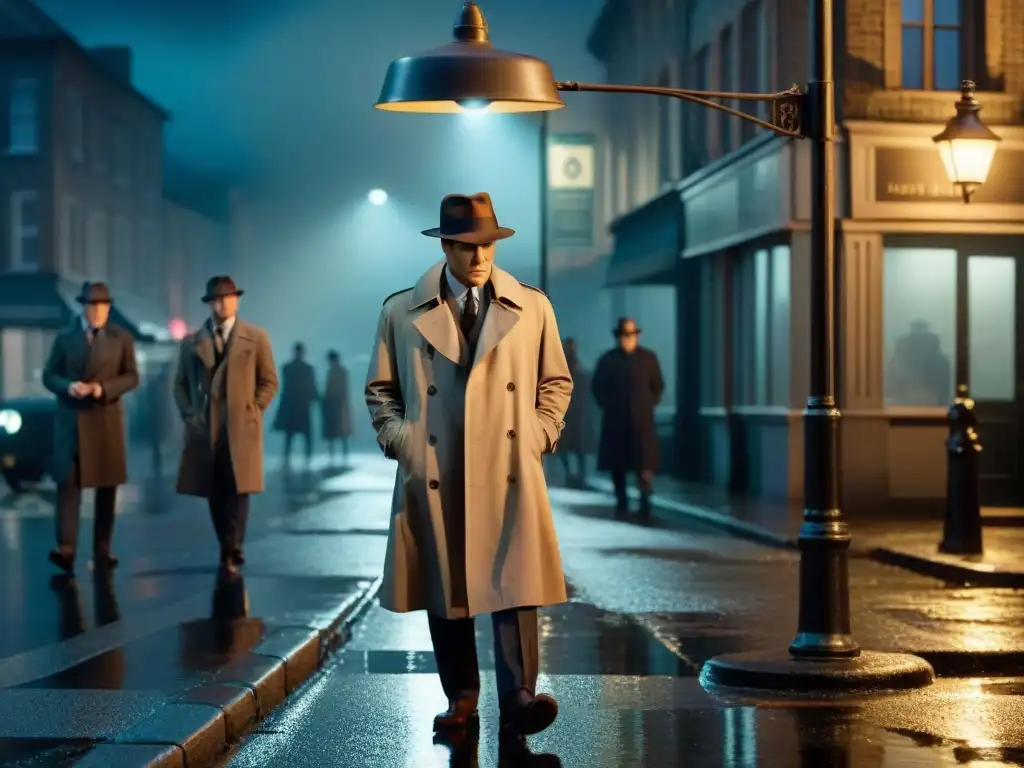 Escena de detectives en la noche lluviosa: misterio y suspenso Detectives en una escena de película noir en la lluvia, examinando pistas con una lupa