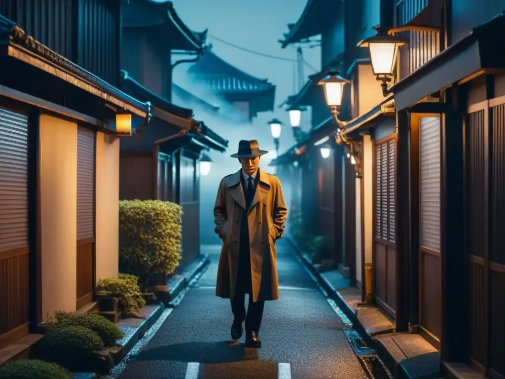 Detectives japoneses en series investigando en un oscuro callejón de Tokio de noche, bajo la luz de una farola solitaria