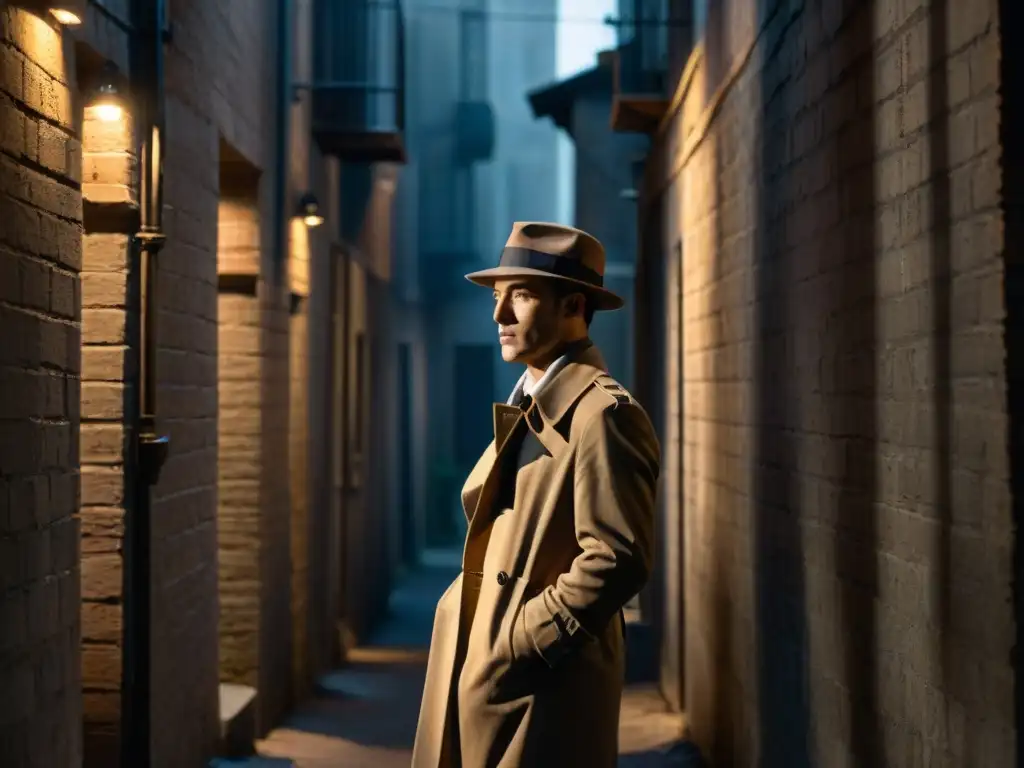 Figura misteriosa en callejón sombrío: esencia del suspense en Film Noir Investigación detectives misterio autenticidad: Figura solitaria en callejón oscuro, enigmática y misteriosa, estilo Film Noir