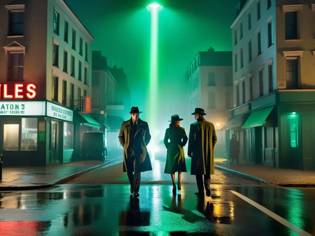 Detectives paranormales en la lluviosa calle de la ciudad, misterio y sombras bajo el letrero verde de 'XFiles Investigations'