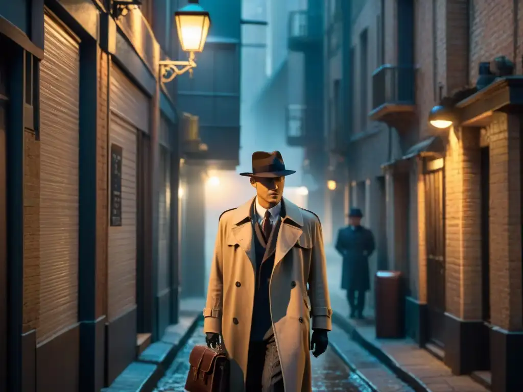 Detectives en la penumbra protegen herramientas de investigación mientras una figura misteriosa acecha