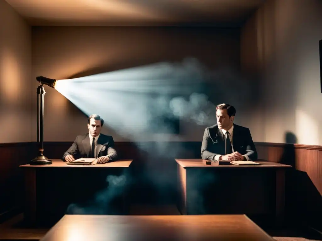 Escena intrigante de detectives en sala de interrogatorio Dos detectives en una sala de interrogatorio en penumbra, envueltos en humo, debatiendo