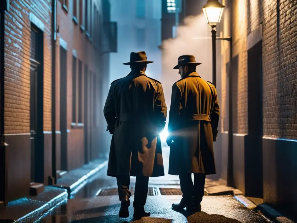 Dos detectives en silueta bajo una farola en noche lluviosa