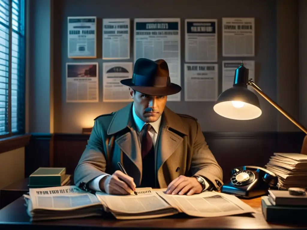 Renacer detectives televisivos era streaming: Un detective cansado en su oficina iluminada, rodeado de archivos y un teléfono vintage