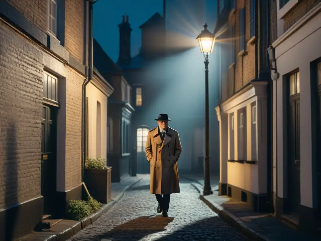 Tres detectives de tercera edad en misterio, iluminados por la luz de una farola vintage en un callejón oscuro de noche