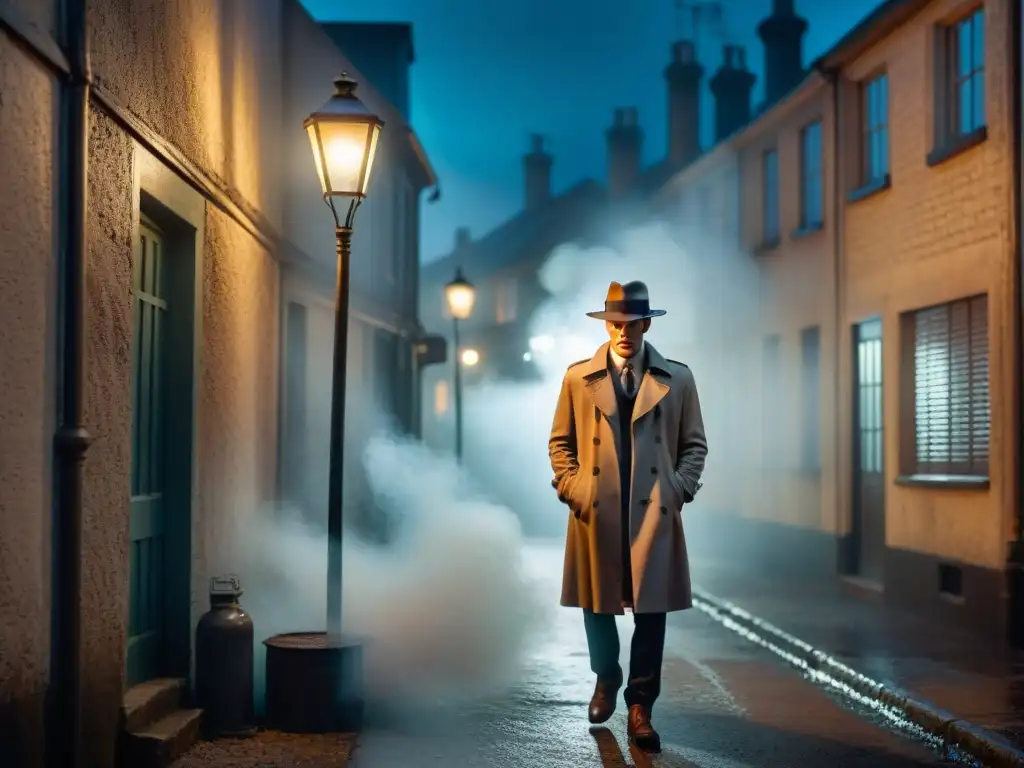 Un detectivesco escenario nocturno en un callejón costero, con neblina y farola antigua