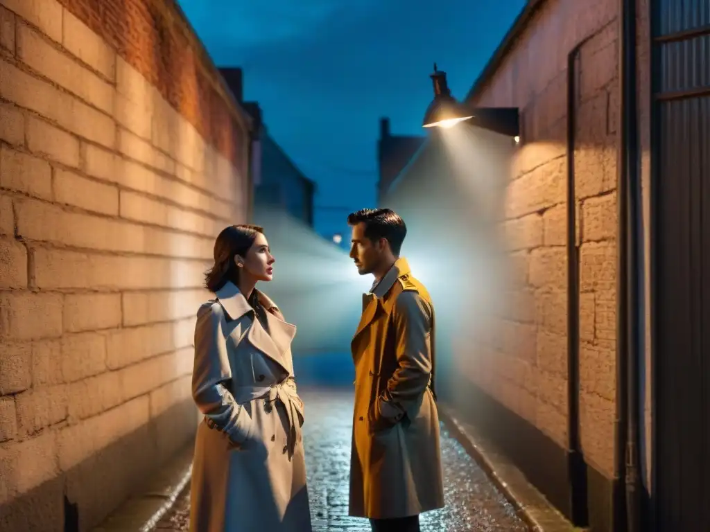 Dos dinámicas detectives en pareja, en un callejón oscuro de noche, con luces y sombras, en un ambiente tenso y misterioso al estilo film noir