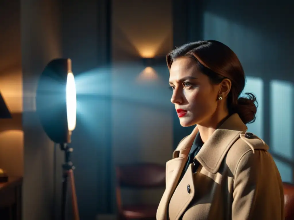 Una directora de cine en una habitación con atmósfera de Film Noir, con objetos de detective