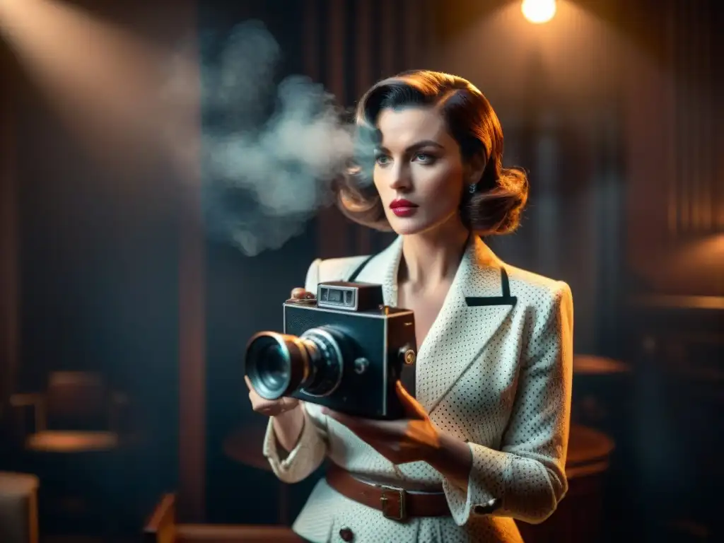 Una directora de cine segura en un set de película noir, dirigiendo con intensidad