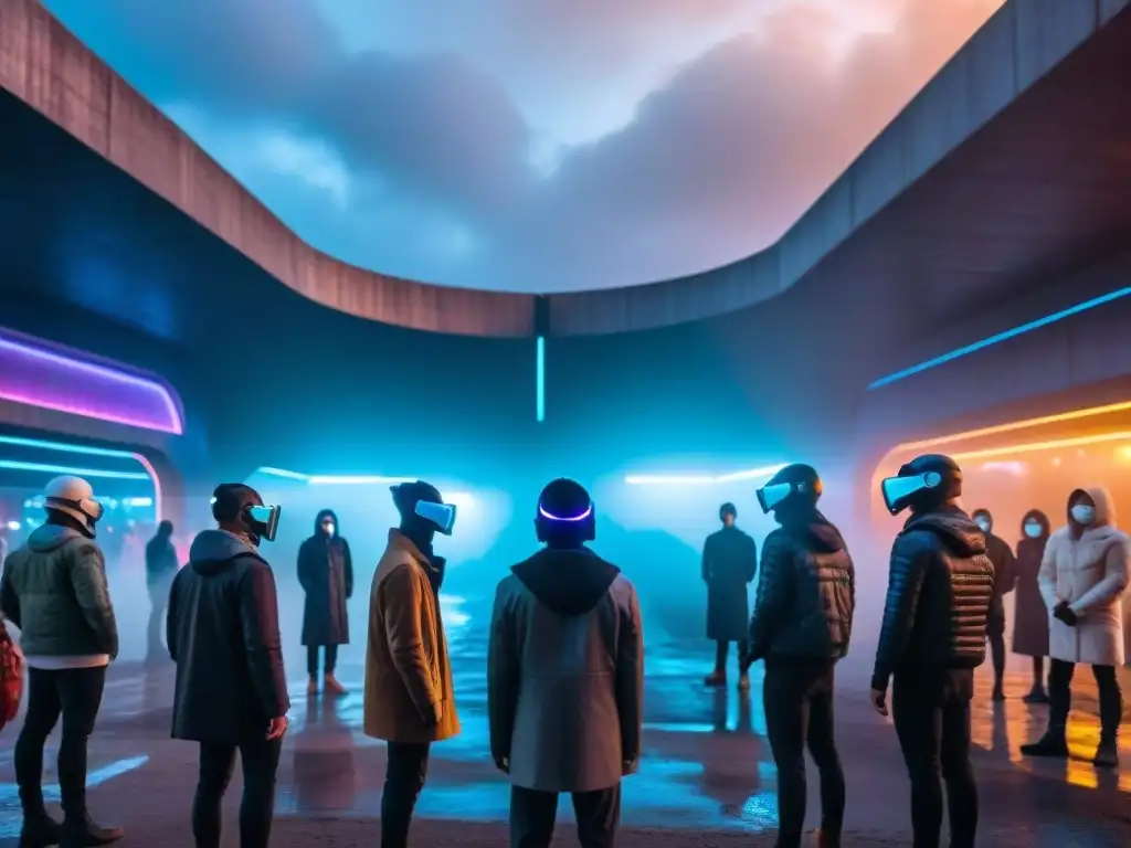 Visión distópica de Black Mirror: Ciudad futurista iluminada por luces de neón, con máscaras sin rostro en círculo