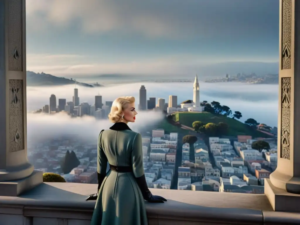 Escena icónica de 'Vértigo' de Hitchcock: tensión y misterio en la torre Dramática escena de 'Vértigo' de Alfred Hitchcock con James Stewart y Kim Novak en la torre del campanario de San Francisco, destacando el misterio y la tensión del film