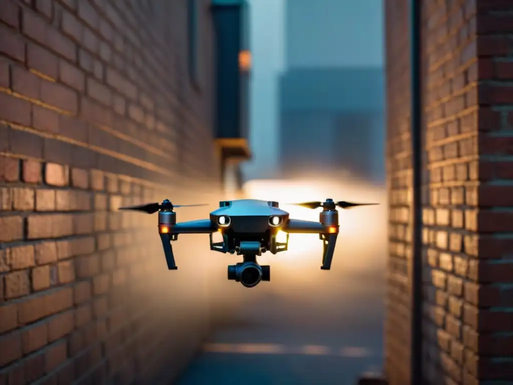 Un dron futurista vigila en la penumbra del callejón, evocando suspenso y tecnología avanzada