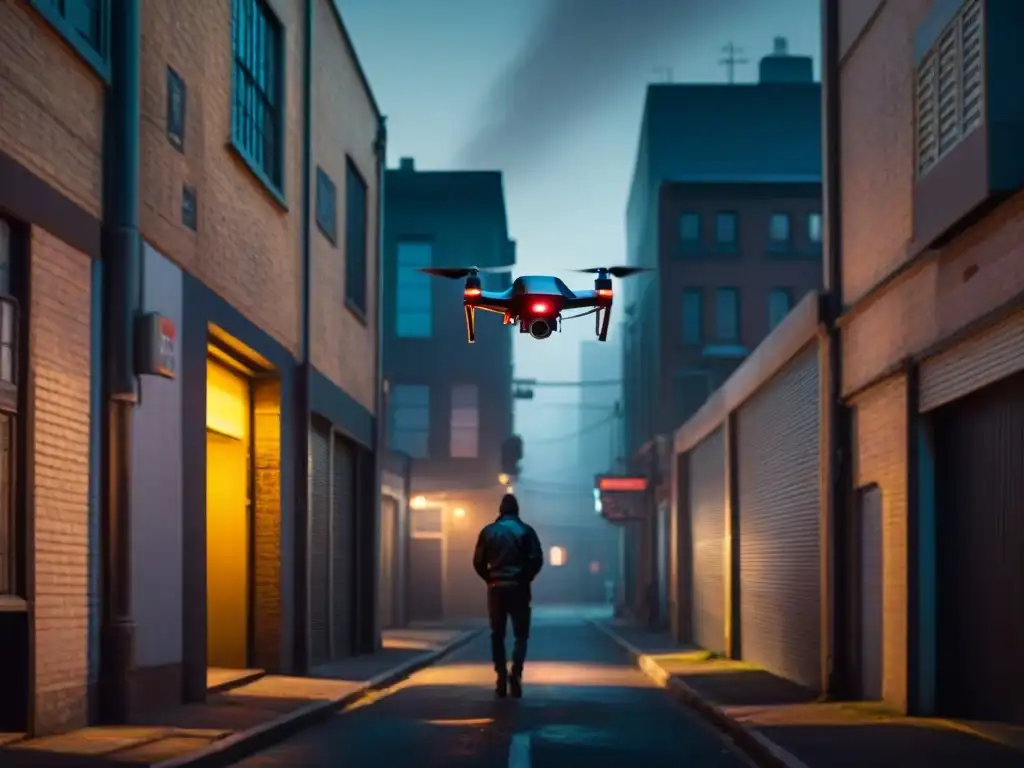 Un dron vintage vigilando en la penumbra urbana, reflejando señales de neón