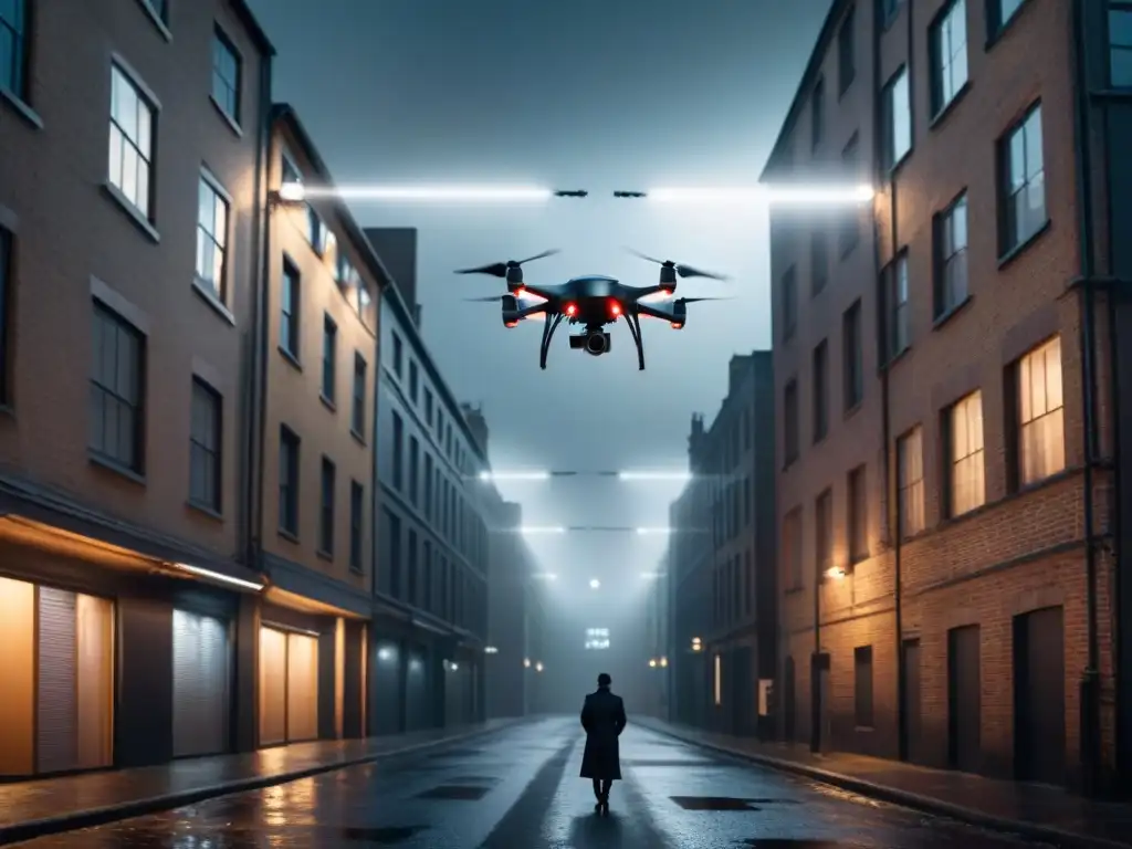 Un drone ilumina un callejón nocturno, fusionando tecnología y detectives en una atmósfera de misterio