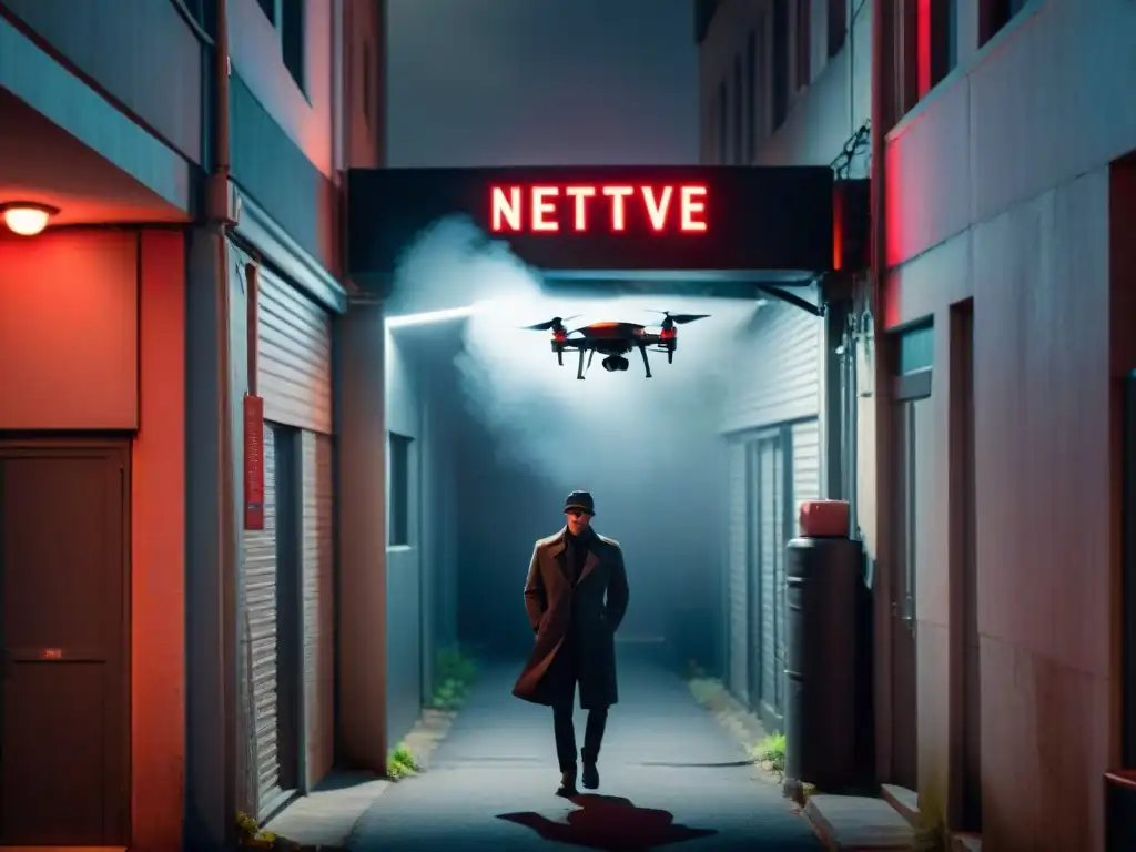 Un drone futurista sobrevuela un callejón oscuro, iluminando letreros de detectives y autos vintage