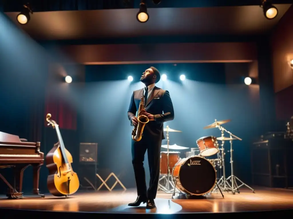 Drummer obsesionado, sudor brillante, tocando apasionado en club de jazz oscuro