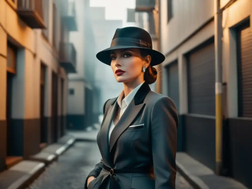 Una elegante femme fatale en un callejón oscuro del Noir Clásico, luciendo un traje a medida y sombrero fedora, fumando con porte