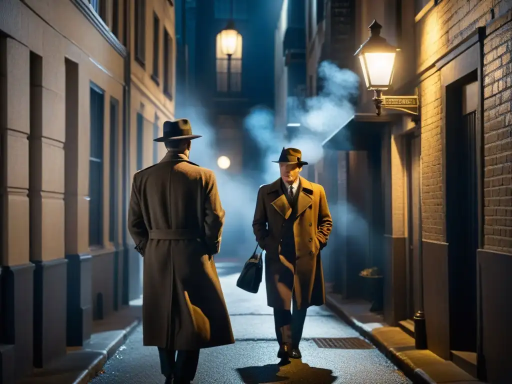 Un encuentro tenso entre dos figuras icónicas bajo una luz de farola en un callejón sombrío al estilo del cine detectives El Halcón Maltés