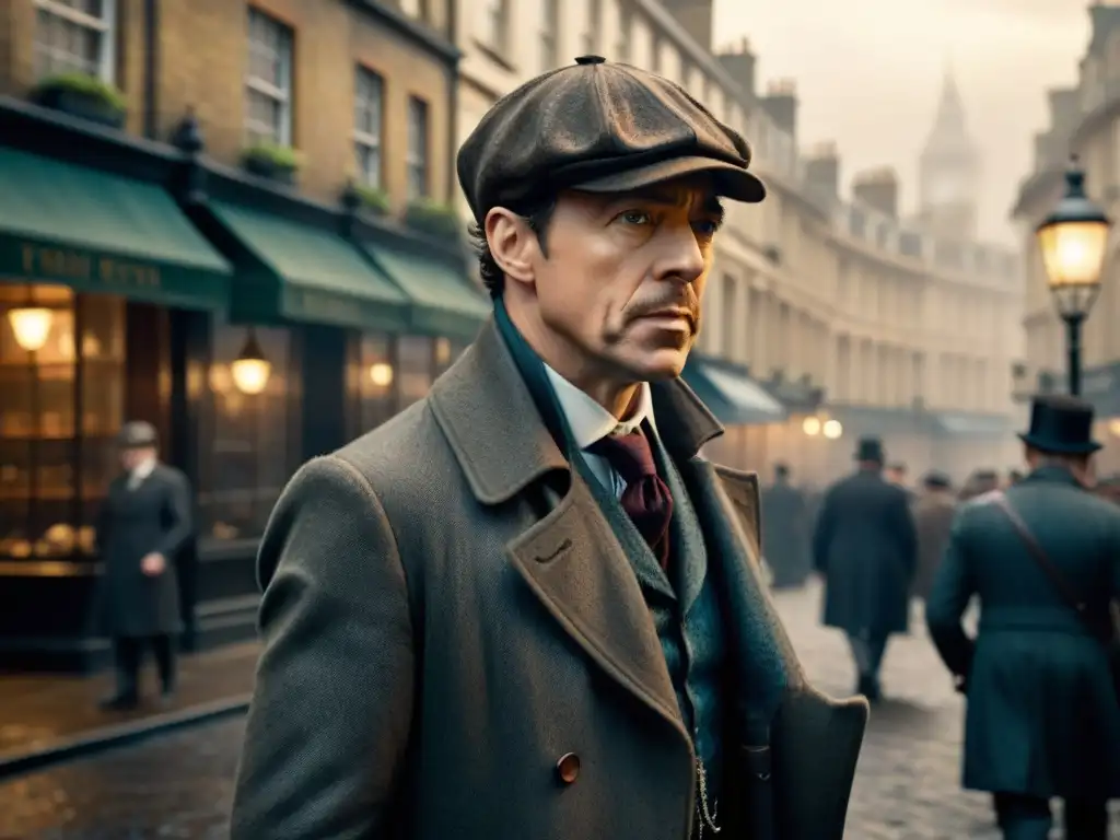 Enfrentamiento tenso entre Sherlock Holmes y Professor Moriarty en las sombrías calles de Londres victoriano, con el estilo distintivo de Guy Ritchie