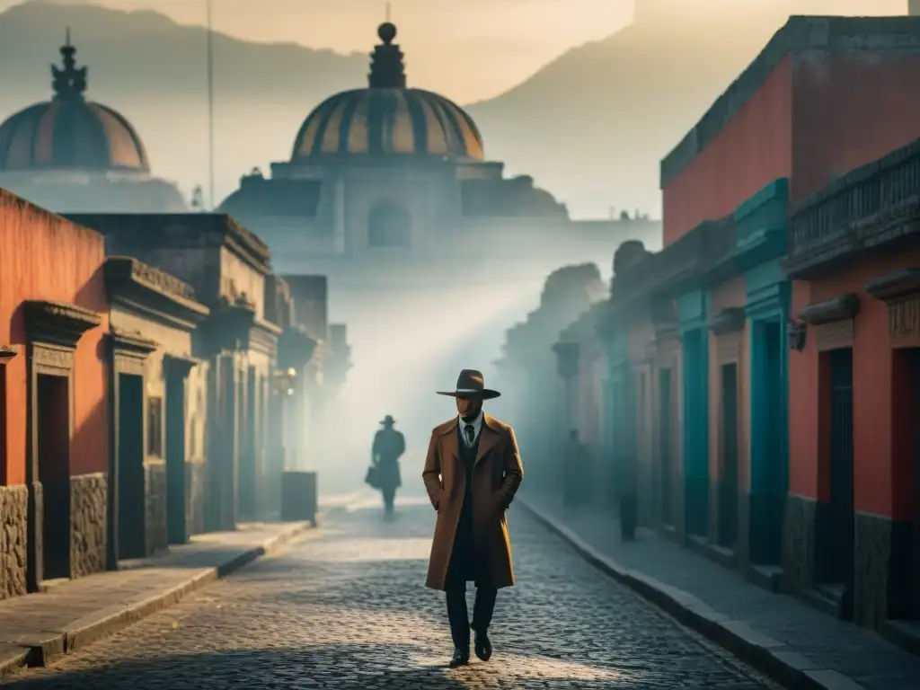 Enigmas urbanos Ciudad de México: Misteriosa figura en callejón iluminado por farola en la neblina, sombrero de ala cubre su rostro