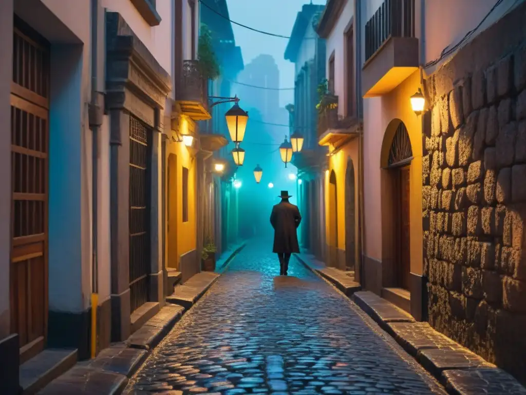 Enigmas urbanos en Ciudad de México: Callejón misterioso por la noche, iluminado por luz tenue y figuras en sombras