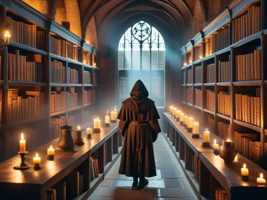 Enigmática biblioteca medieval con figuras misteriosas entre tomos antiguos y luz de velas, evocando misterio medieval y crítica social