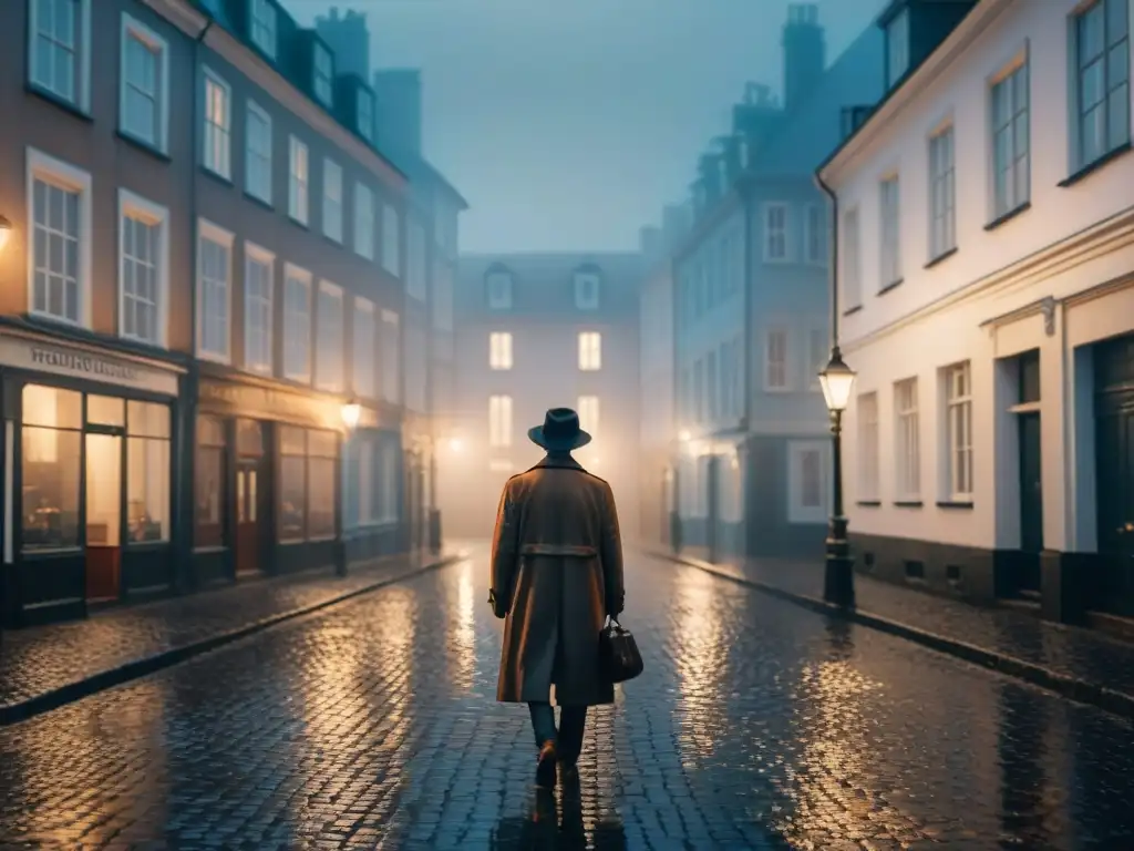 Misterioso callejón escandinavo en la lluvia con figura sombría Enigmática calle de adoquines en un pueblo escandinavo, con un coche negro vintage bajo una farola parpadeante