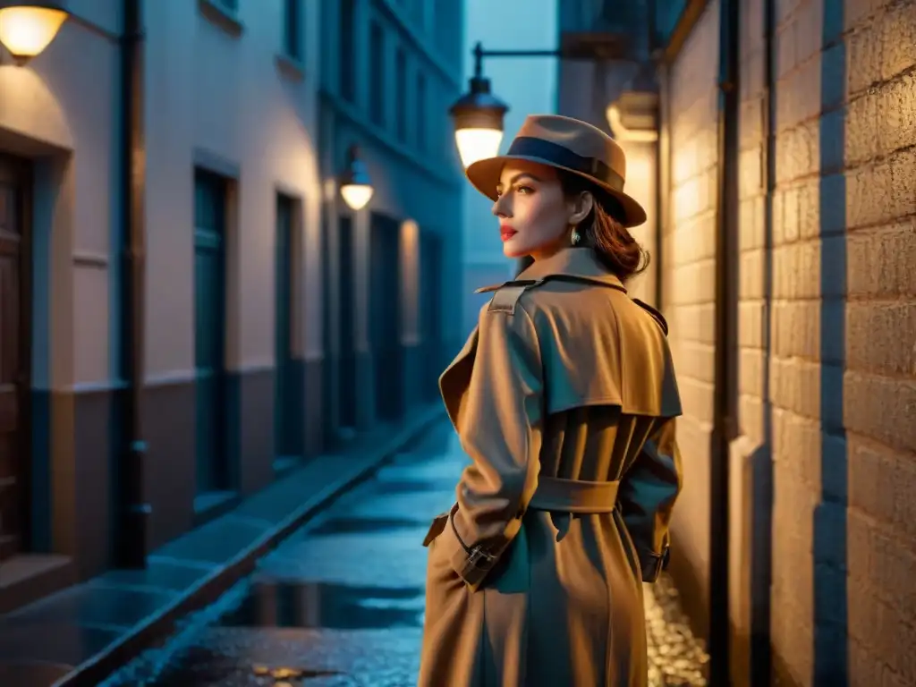 Enigmática detective en un callejón oscuro de noche, estilo Film Noir