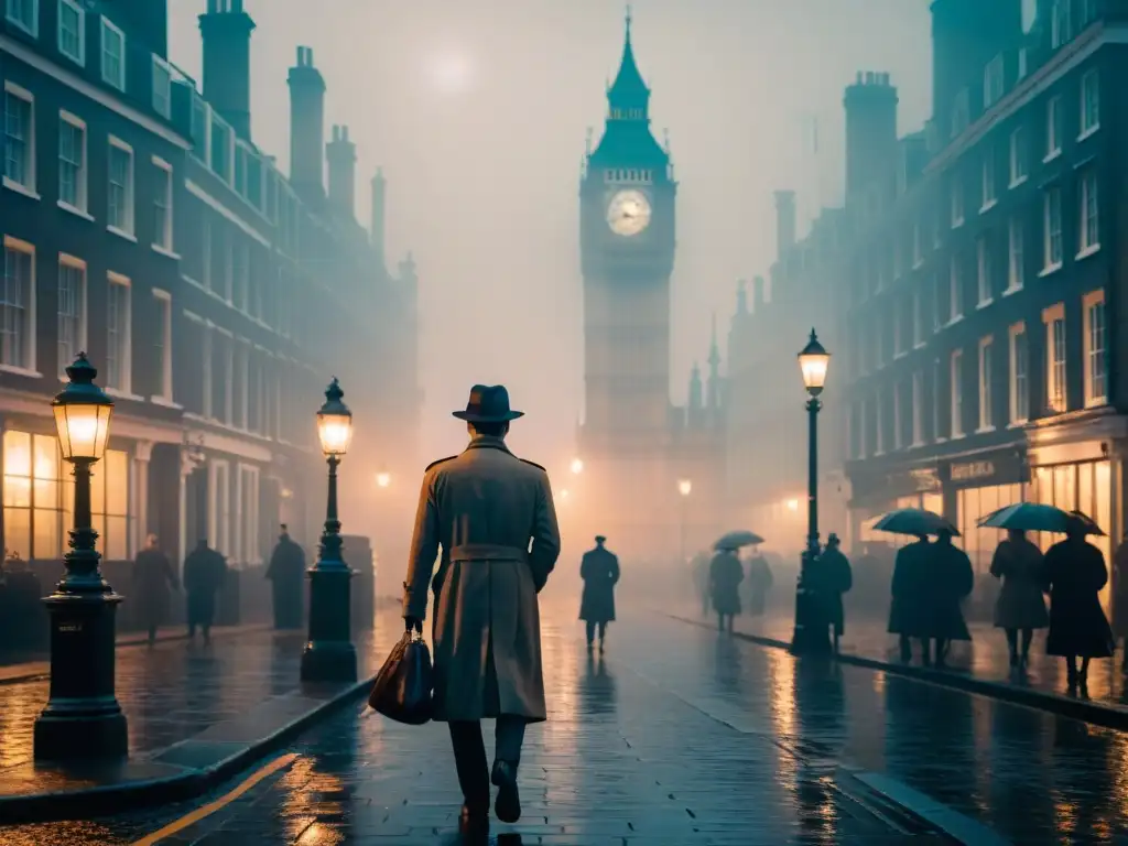 Enigmática calle de Londres envuelta en niebla, con figura bajo farola, Big Ben entre brumas