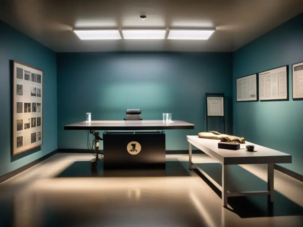 Enigma forense: detectives y antropólogos en sala de interrogatorios Enigmática escena de análisis criminológico serie Bones en sala de interrogatorio con espejo unidireccional