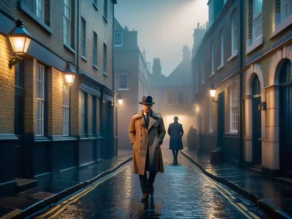 Enigmática escena de detectives en Londres, con niebla y callejón iluminado