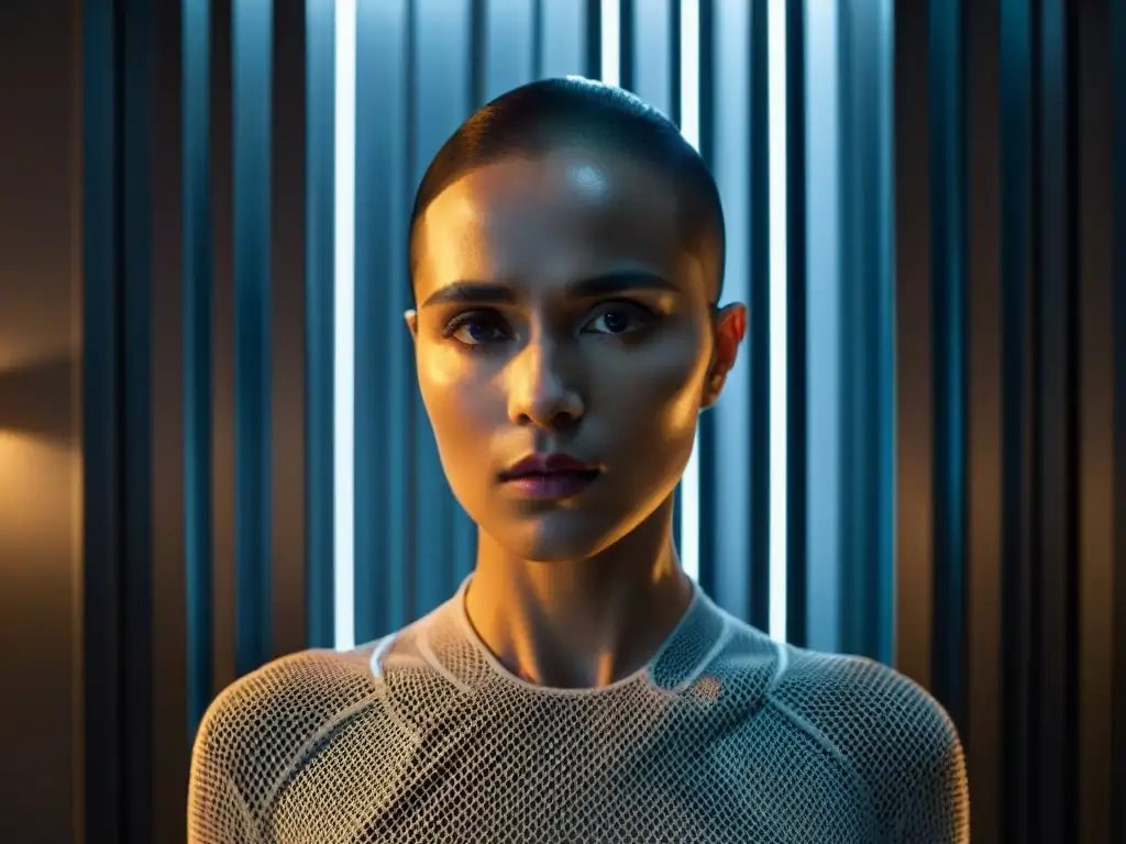 Enigmática escena de film noir con Ava, androide de 'Ex Machina', en un ambiente futurista