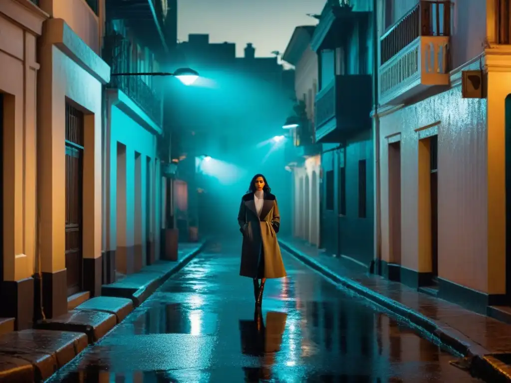 Enigmática escena nocturna en un callejón latinoamericano, con una figura solitaria bajo la luz de un farol parpadeante