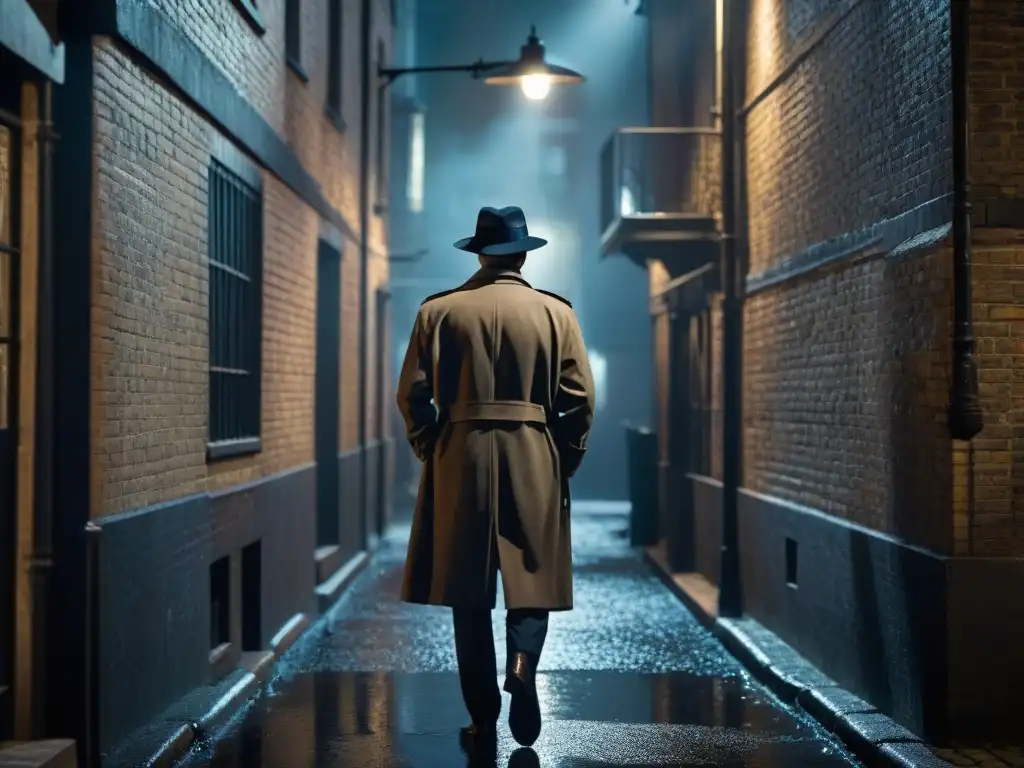 Noche de misterio: escena Film Noir en un callejón oscuro y lluvioso Enigmática escena nocturna de cine negro en un callejón iluminado por la lluvia, evocando el impacto del género misterio