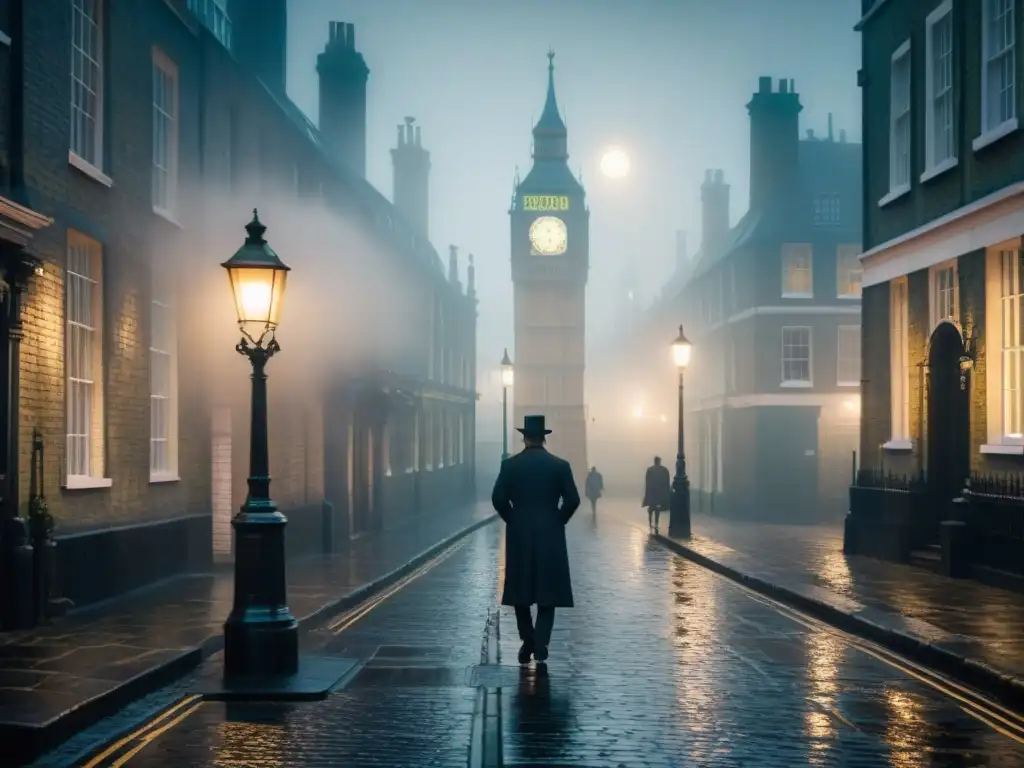 Enigmática escena nocturna en Londres de la era victoriana, con niebla y sombras