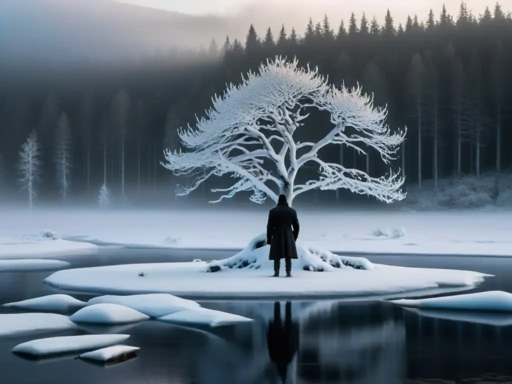 Enigmática silueta en lago helado de bosque escandinavo, entre niebla y árboles ancestrales