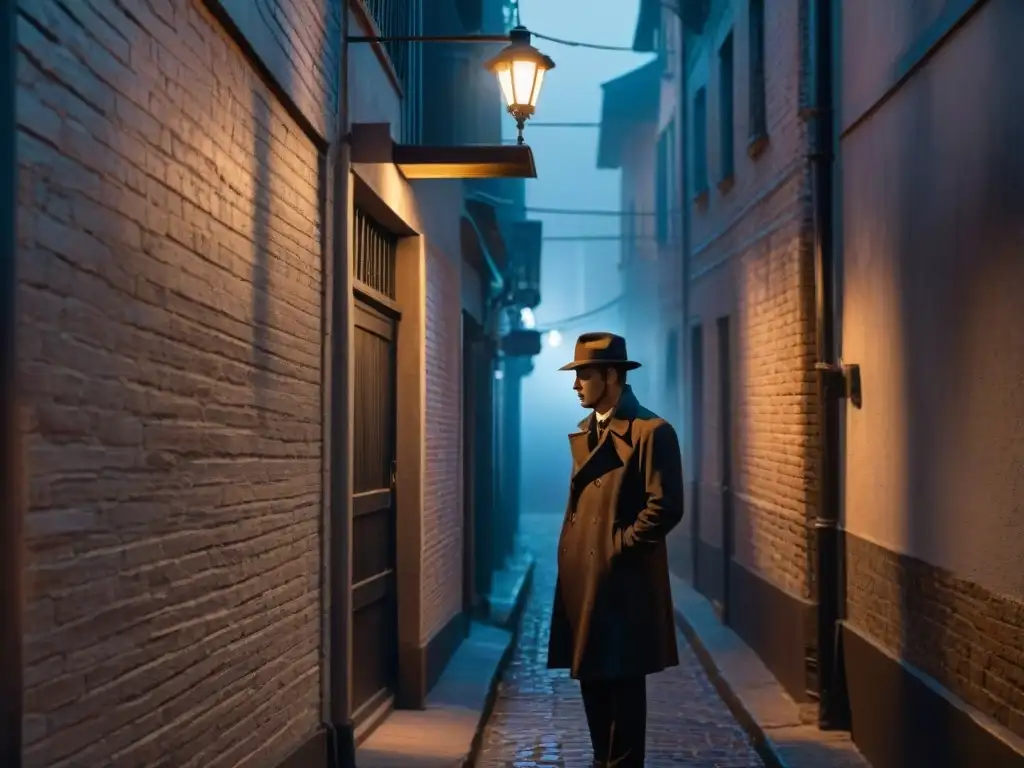 Enigmáticas conversaciones en un callejón oscuro al estilo noir, con una figura solitaria bajo una farola titilante