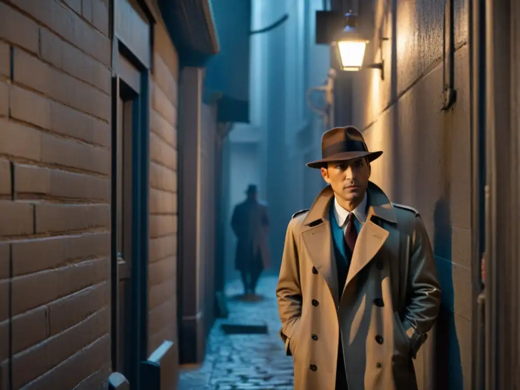 Enigmático callejón iluminado por la pantalla de un misterioso personaje con fedora y gabardina, evocando la ciberdelincuencia en cine versus realidad