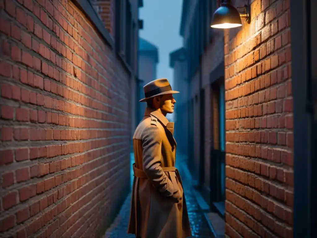 Enigmático callejón nocturno con figura bajo farola titilante, evocando la influencia del cine negro misterio británico