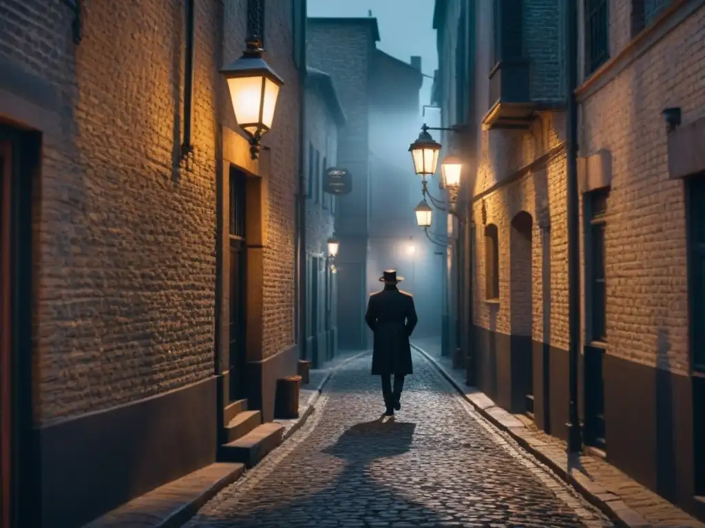 Enigmático callejón nocturno iluminado por farola, sombras misteriosas