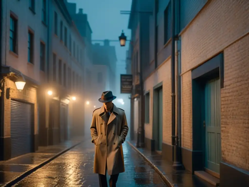 Enigmático detective fumando en callejón oscuro de noche, capturando el espíritu del thriller crimen detectives cine televisión