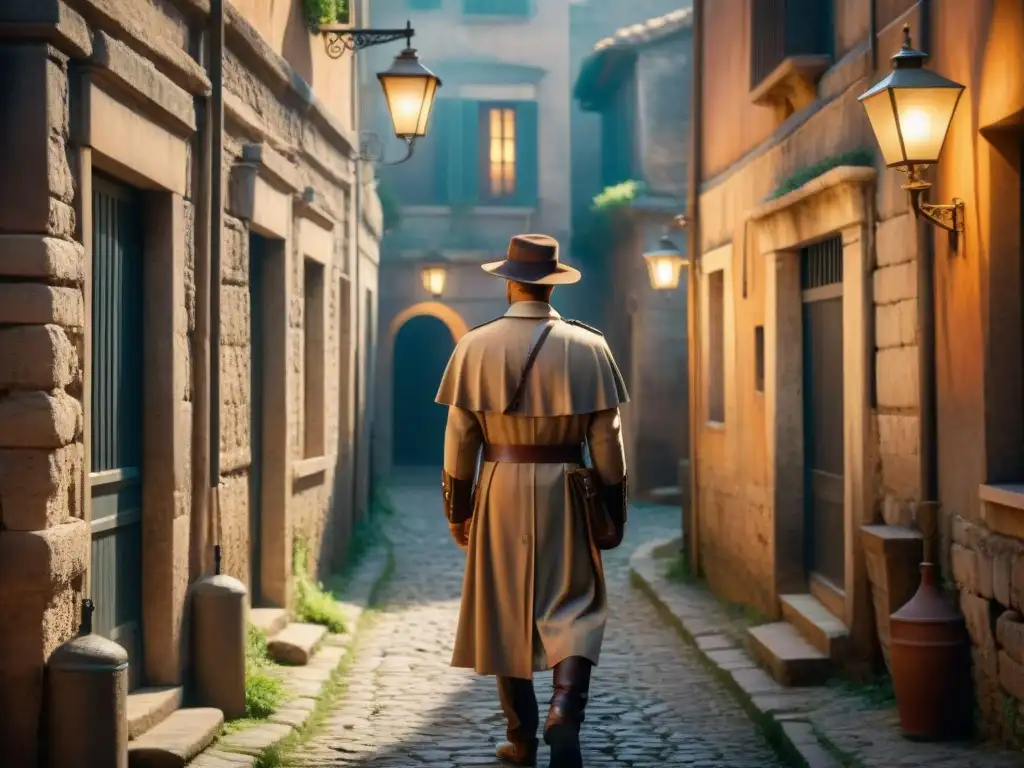 Enigmático callejón romano iluminado por lámparas de gas, figura en toga y fedora