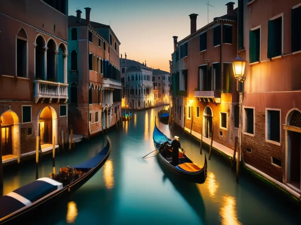 Enigmático canal veneciano a la luz de la luna, góndola a la deriva