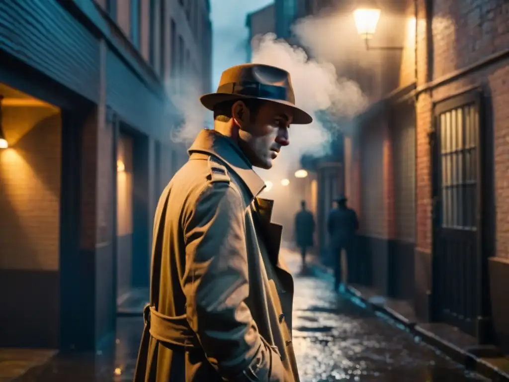 Enigmático detective en un callejón bajo la lluvia, evocando a Jimmy McNulty evolución género detectives