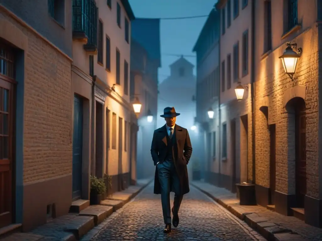 Enigmático detective en callejón nocturno, iluminado por farola