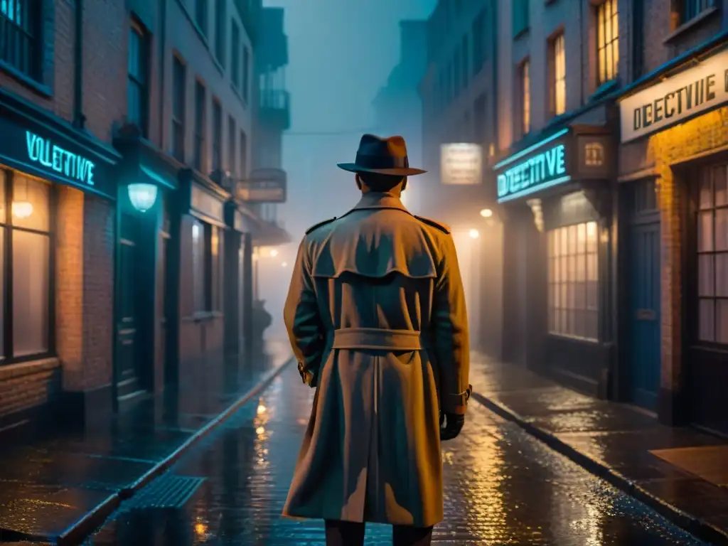 Enigmático detective en callejón nocturno, bajo neón 'Detective Agency'